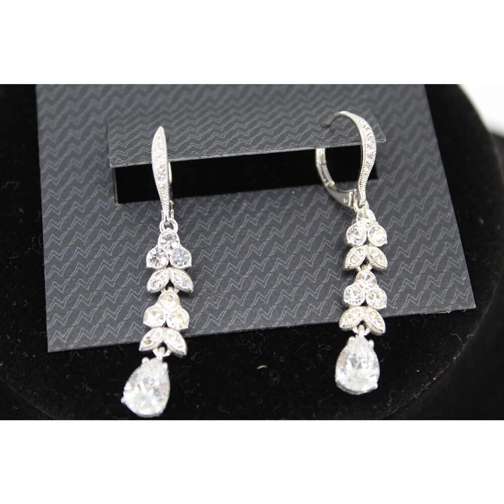 NADRI Crystal Drop Earrings Silver Tone Rhinestone Floral Dangle Bridal